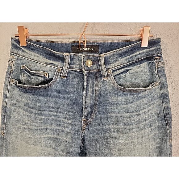 Express Jeans Mens 30x32 Blue Slim Straight Hyper Stretch Dark Wash Pants Denim - Picture 3 of 6